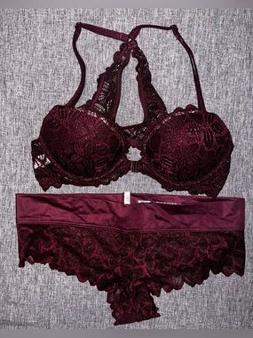 PINK VS Lace Push-Up Bra & Lace Hipster Panty Matching Set Lingerie Burgundy New